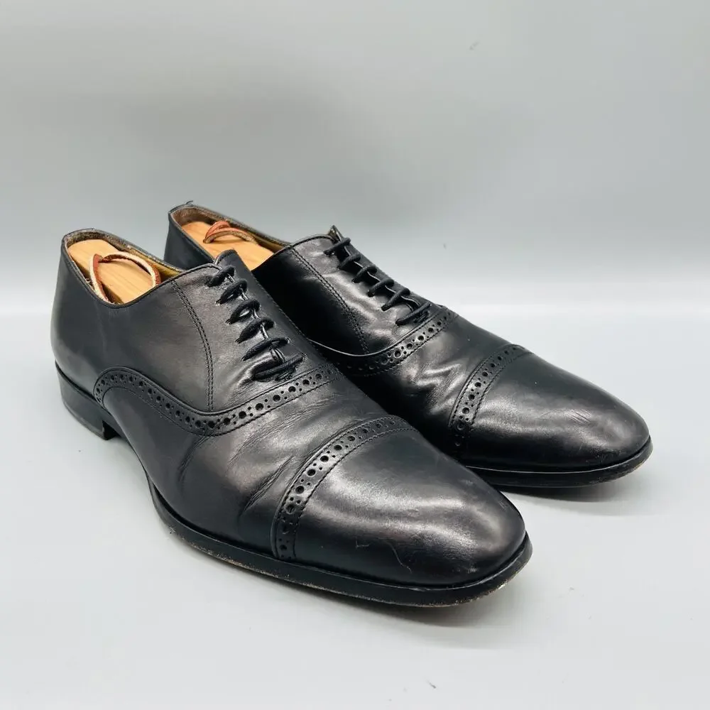 Antonio Maurizi Shoes Mens 10 Black Leather Cap Toe Oxford Dress Brogue Slip On